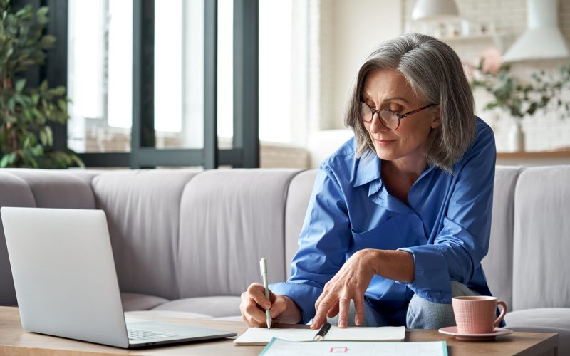 Happy,Stylish,Mature,Old,Woman,Remote,Working,From,Home,Distance